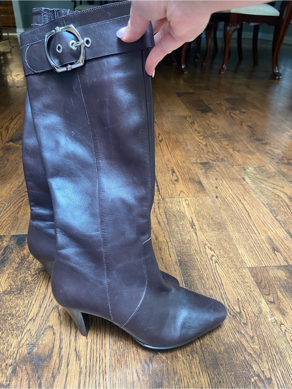 ANTONIO MELANI Dark Brown Leather Mid-Calf Heeled Boots with Buckle